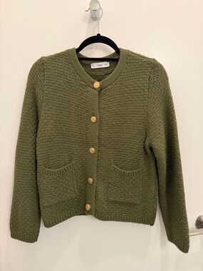 Mango Olive Textured Button-Up Cardigan with Pockets